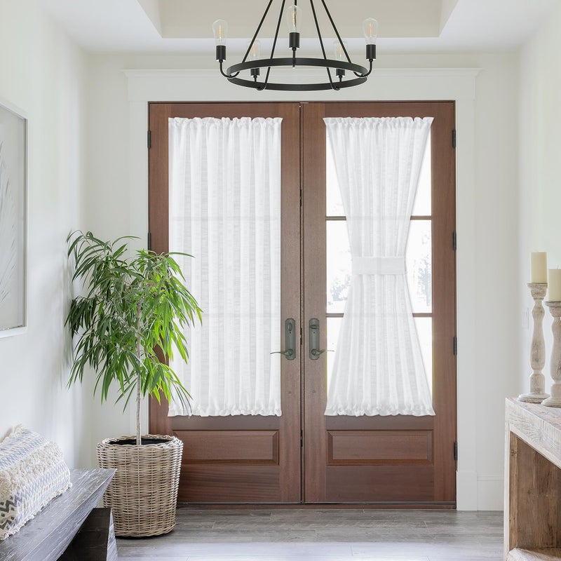 FMFUNCTEX Sheer Linen French Door Curtains - White, 72 Inches Long, Linen Textured Front, Solid Privacy, Sliding Door Curtain Set With Tiebacks, 50 Inches Wide, 1 Panel - Image 2